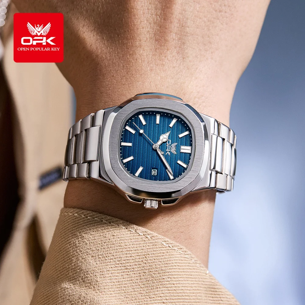 Opk 6055 novo relógio masculino quadrado à prova dwaterproof água luz noturna data semana relógio masculino de quartzo aço inoxidável marca luxo reloj + caixa