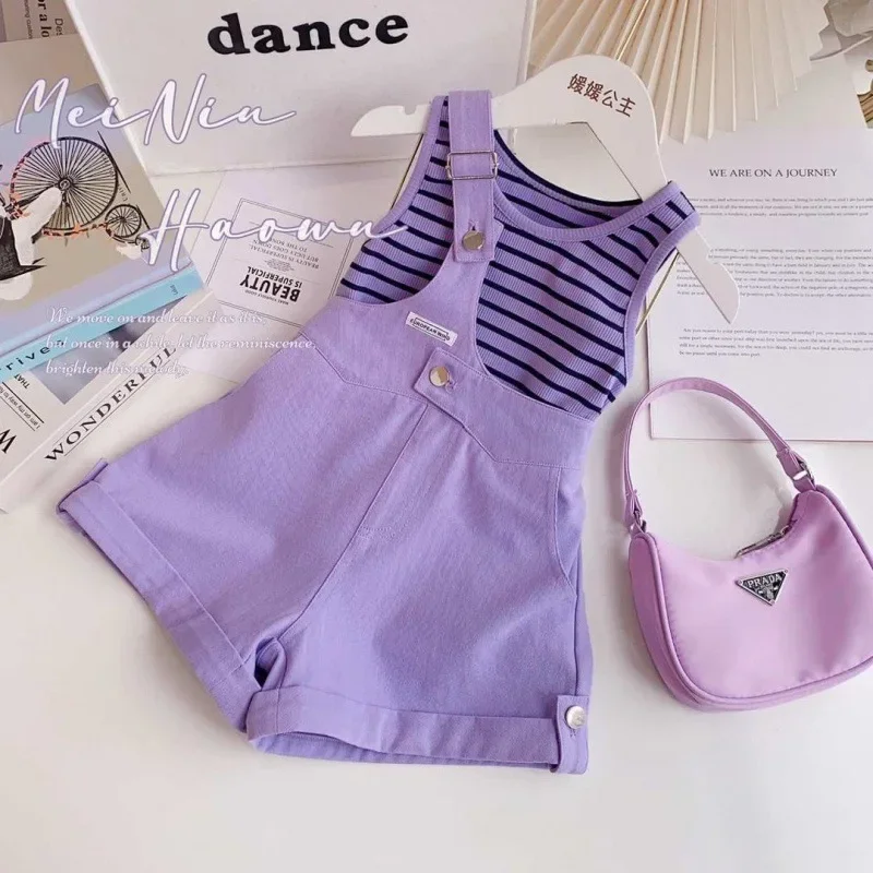 Summer Girls Suit Girls Korean Style Sets Fashion New Striped T-shirt Tops + Suspend Pants 2pcs Fashion Girls Clothing Sets 2-7Y