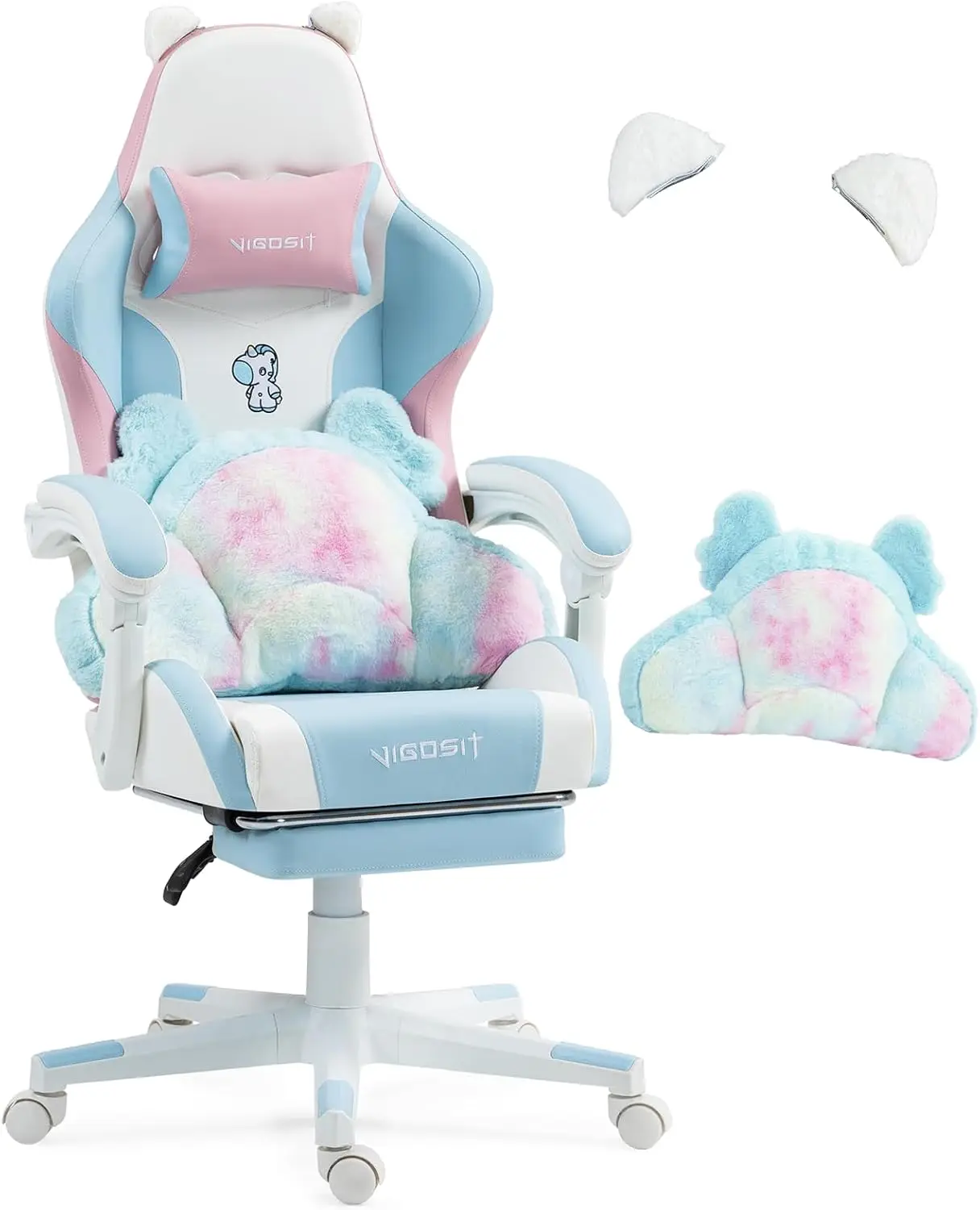 Vigosit Gamingstoel met schattige oren en Kawaii kussen, ergonomische computerstoel voor meisjes met lendensteun