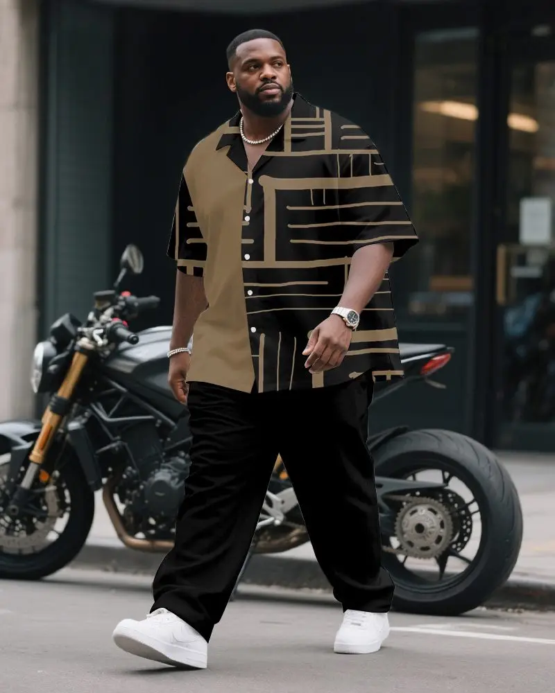 

S-9XL Plus Size Men's Geometric Abstract & Color Block Shirt & Pants Set, Multi-Design Casual 2-Piece Summer Outfit Collection