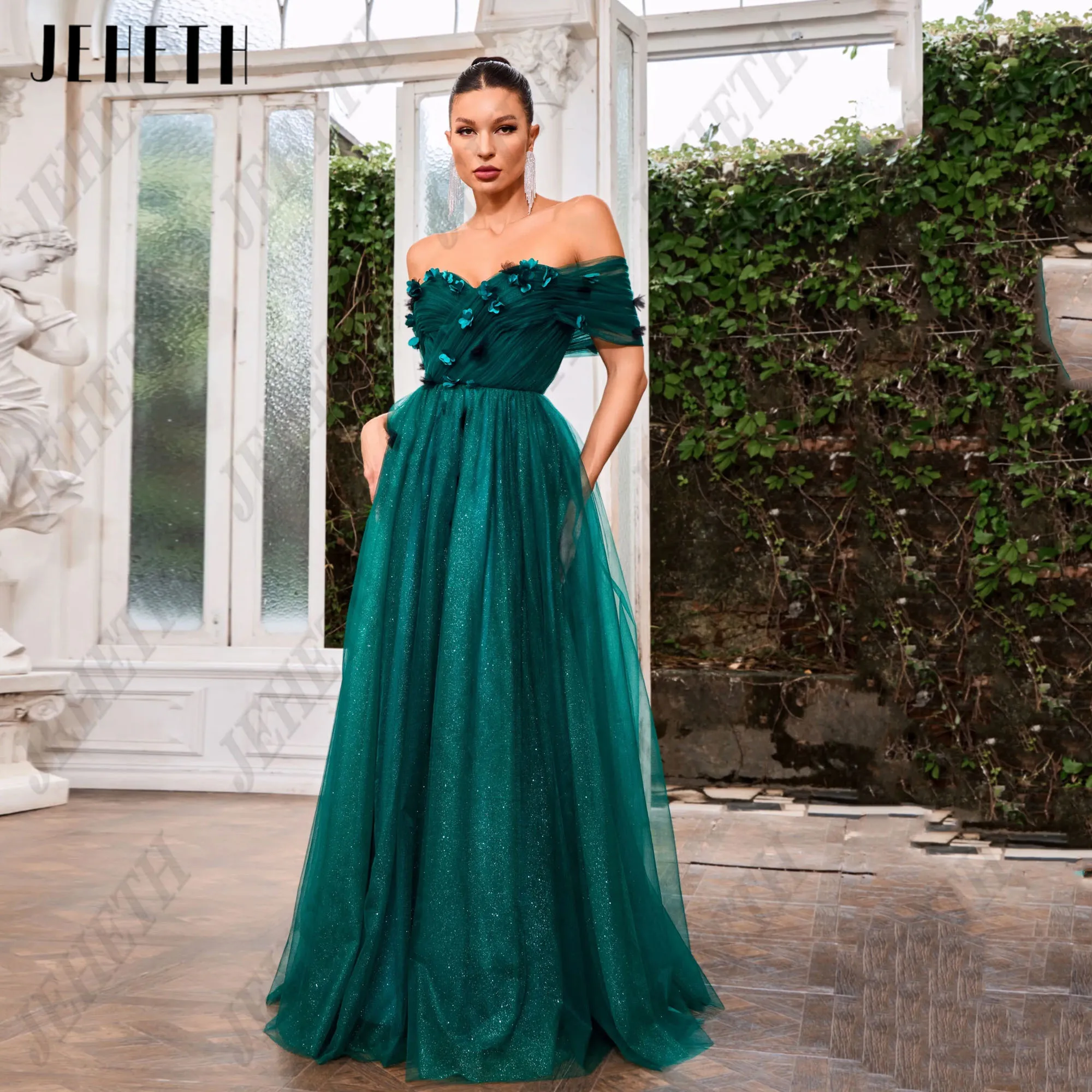 

JEHETH Sweetheart Prom Dress Flowers Sparkling Evening Dresses Off Shoulder A-Line Backless Formal Occasion Dresses Customized