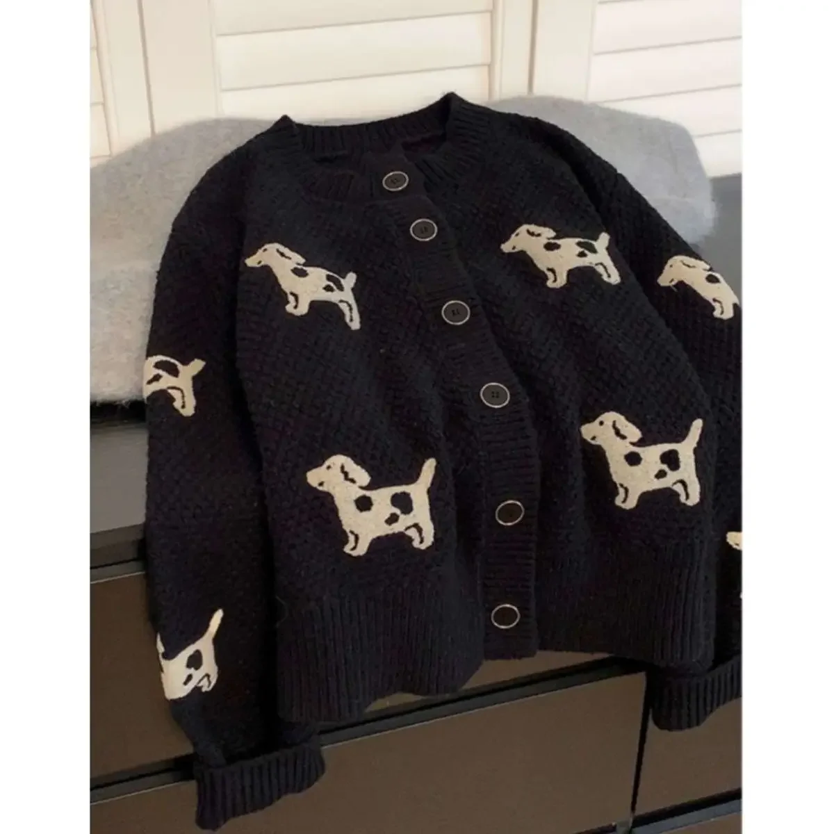 Gagaok Black Dog Printed Short Sweater Jacket Women Autumn Winter New Knitted Cardigan Korean Fashion Long Sleeve Coat Top