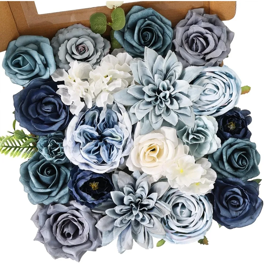 مجموعة صناديق كومبو من الزهور الاصطناعية باقة زهور زرقاء مغبرة لترتيبات قطع مركزية لحفلات الزفاف وحفلات الزفاف