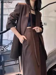 Eleganckie luźne spodnie biznesowe dla kobiet Vintage Chic Blazer Jackets Spodnie z szerokimi nogawkami Dwuczęściowy zestaw Kobiece stroje formalne