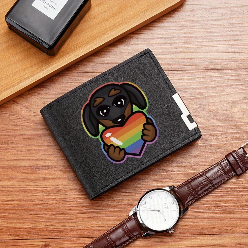 Dog holding rainbow heart love Men's Wallet Printing Design Simple Modern Stylish Business Father's Boyfriend's Christmas Lover'