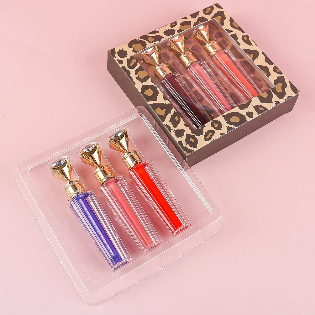 3piece Diamond Leopard Print Box Waterproof Pigment Private Label Lipgloss Liquid Lipstick Set Custom Bulk Beauty Makeup