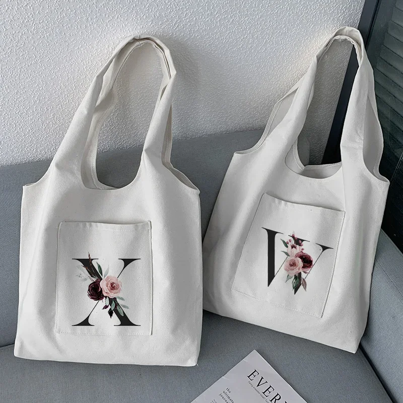 Ladies Shopping Bag White Unisex Travel Canvas Bags Eco Foldable Shoulder Bag Simple Letter Print Fashion Student Tote Bag