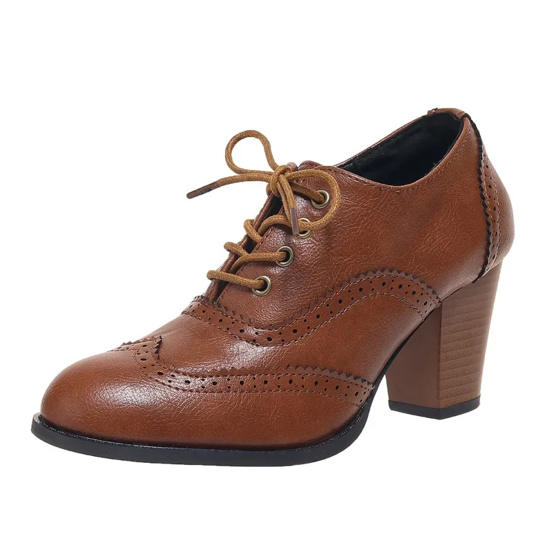 British Women ankle boots Oxfords High Block Heels Pumps Brown Leather Round Toe Dress Office Ladies Lace-up Vintage Shoes