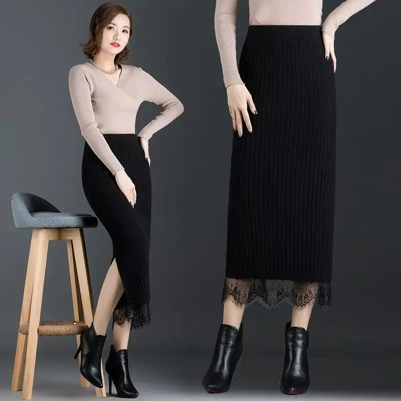 Lace Knitted for Women in Spring and Autumn New High-waisted Slimming Mid-length Slit One-step Skirt Thick Wool Skirts WJ15
