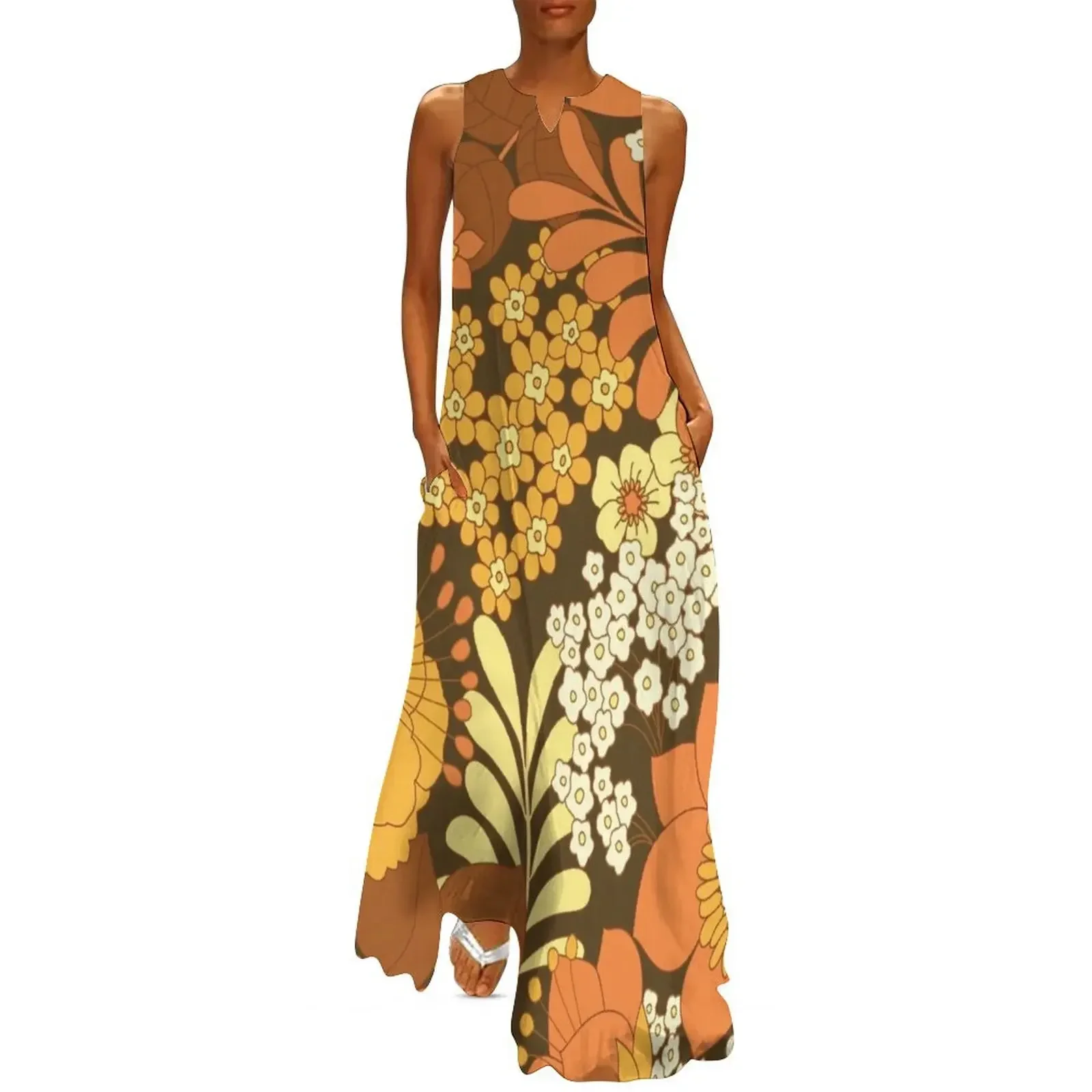 

Brown, Yellow, Orange & Ivory Retro Flowers Long Dress elegant dresses for women Evening gown summer dress for women 2025 Dress