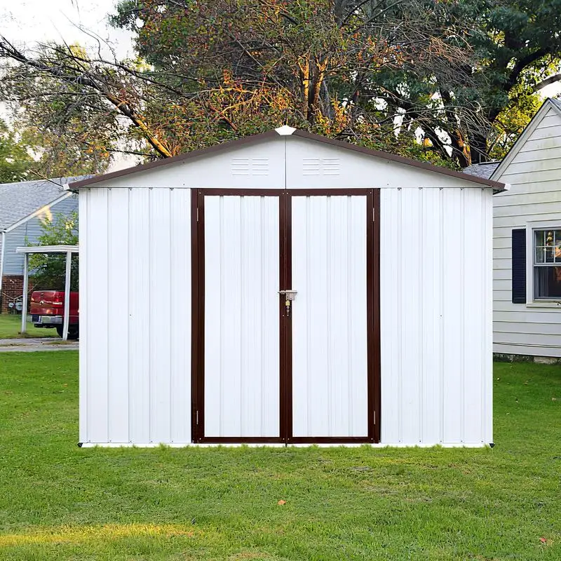 

8ft x 6ft Metal Garden Shed Outdoor Storage in White and Coffee