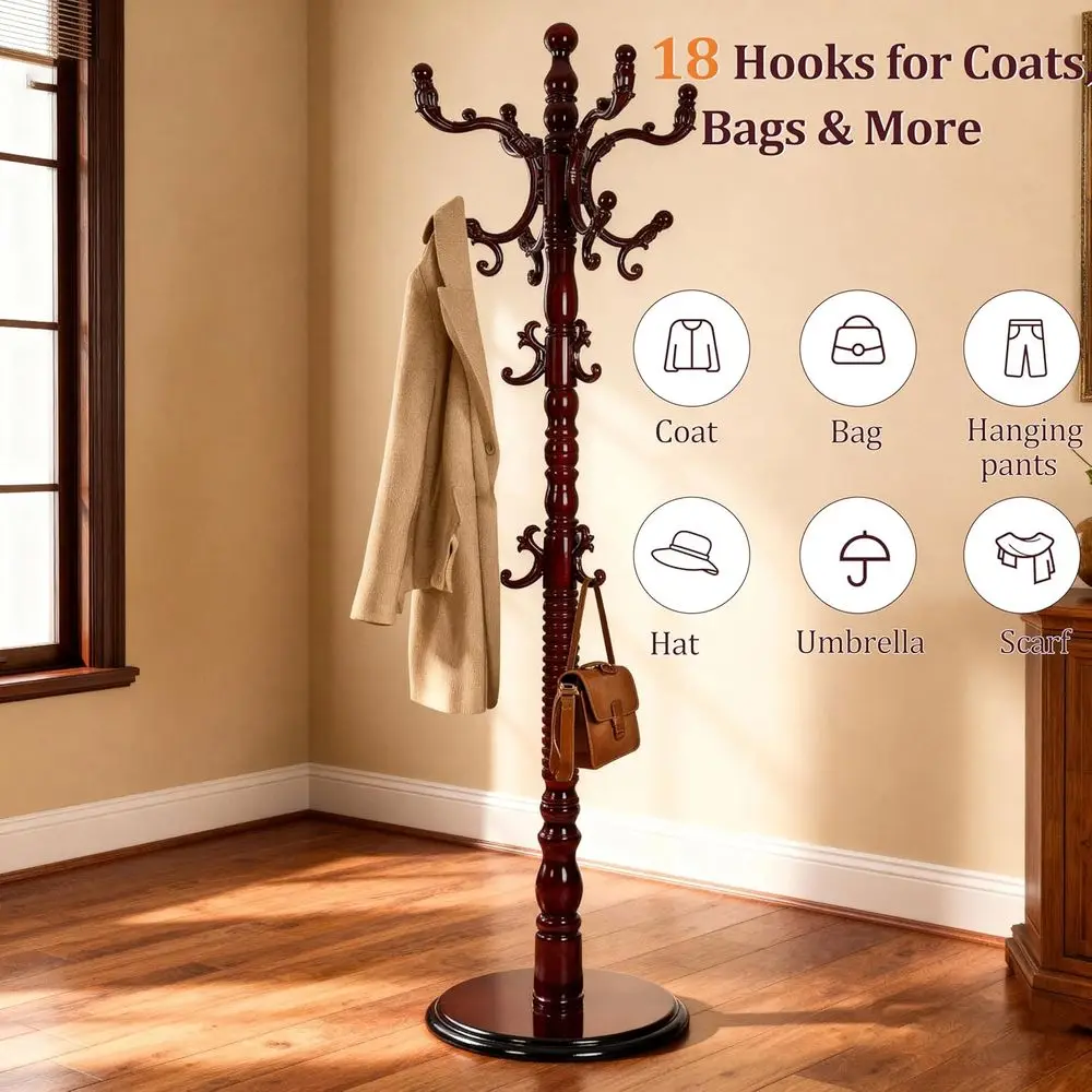 رف معطف عتيق قائم بذاته، حامل رف معطف مع 18 خطافًا وقاعدة خشبية صلبة مستديرة قوية، ثلاثة مستويات قابلة للتعديل لغرفة النوم #2