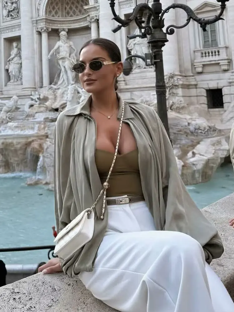 

HH 2025 женские повседневные винтажные зеленые свободные пальто с длинным рукавом на молнии куртка-бомбер осенняя женская мода уличная одежда пальто