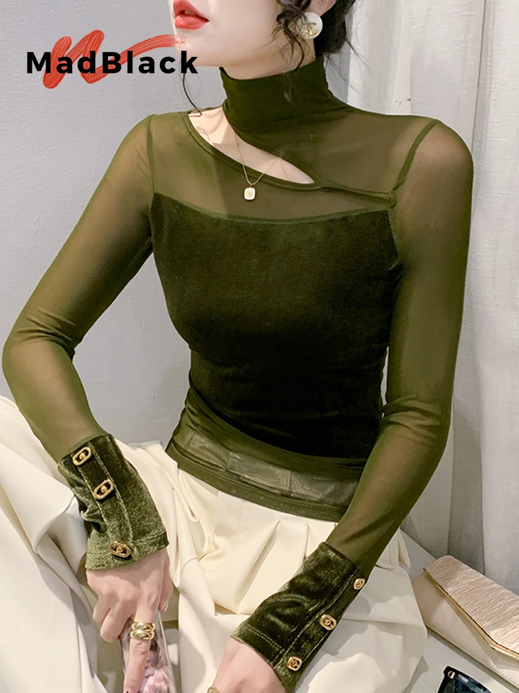 

MadBlack-Женская бархатная футболка в европейском стиле, сексуальная водолазка с вырезом, уличная тонкая футболка S-3XL с длинными рукавами, осень 2023, T5O323CC