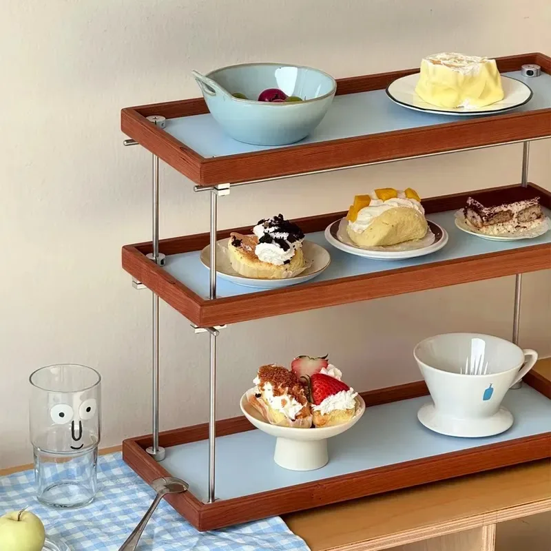 New Design Solid Wood 6mm Linear Axis Display Stand Multi Layer Storage Rack Tableware Display Kitchen Organizer Shelf