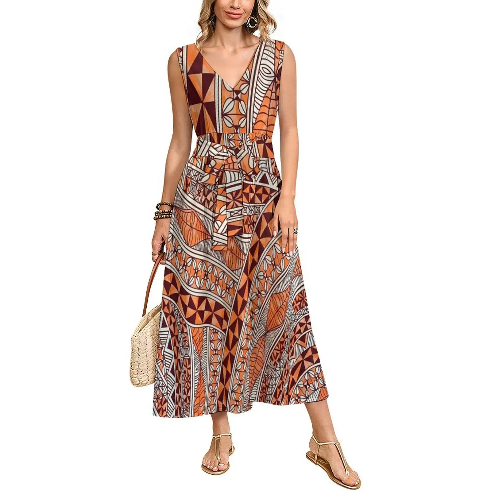 Casual Loose V-Neck Vest Sleeveless Long Cinched Waist Lace-Up Women'S Dress Polynesian Custom Comfortable Dress Pattern