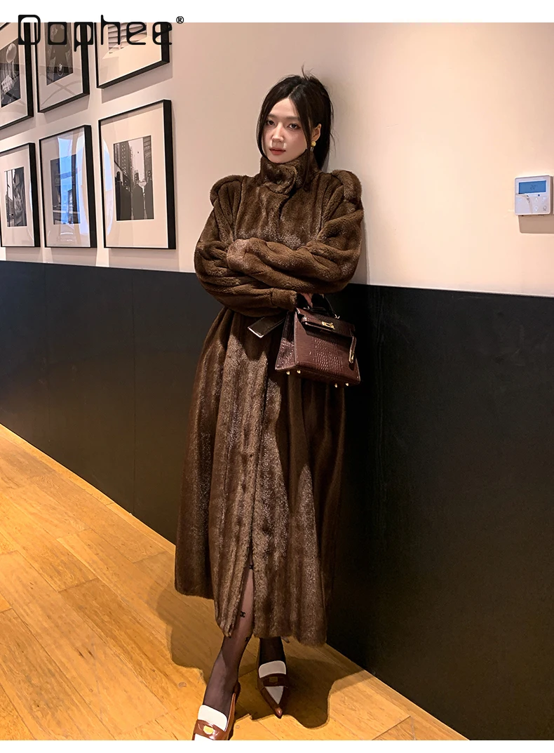 Vintage high-end nerts silhouet riem slim fit milieuvriendelijke bontjas dames lichte luxe socialite pluche bontjas halflange lengte