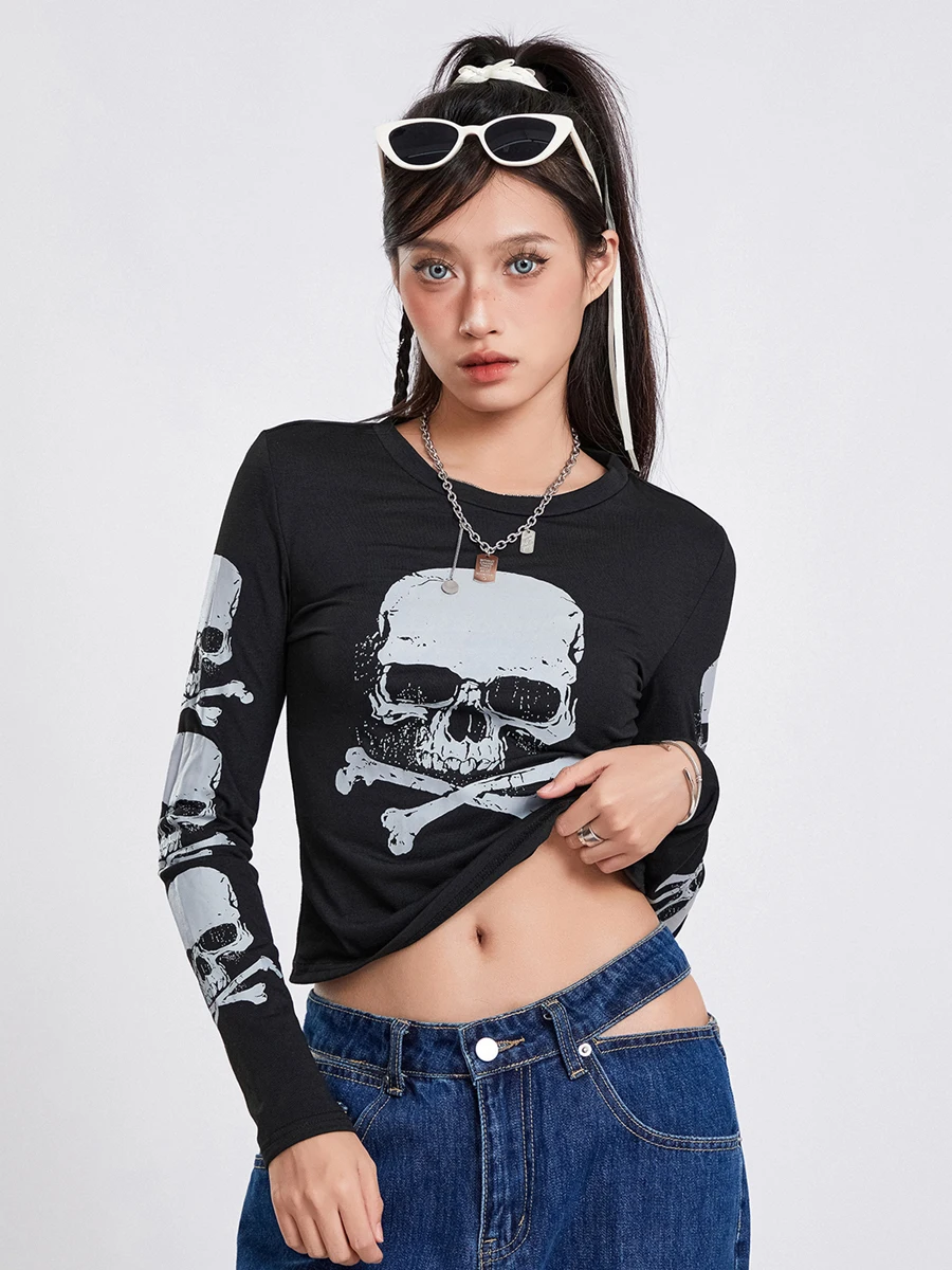 Mxiqqpltky Women s Fairy Grunge Tops Skeleton Print Long Sleeve Slim Fit T-shirt Vintage Lace Trim Crop Tees Y2K Streetwear