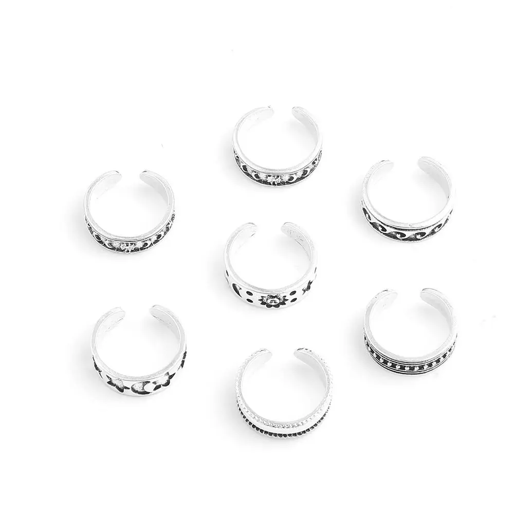 7 Pcs/Set Silver Jewelry Waves Sun Star Toe Rings Vintage Foot Ring Set Bohemia