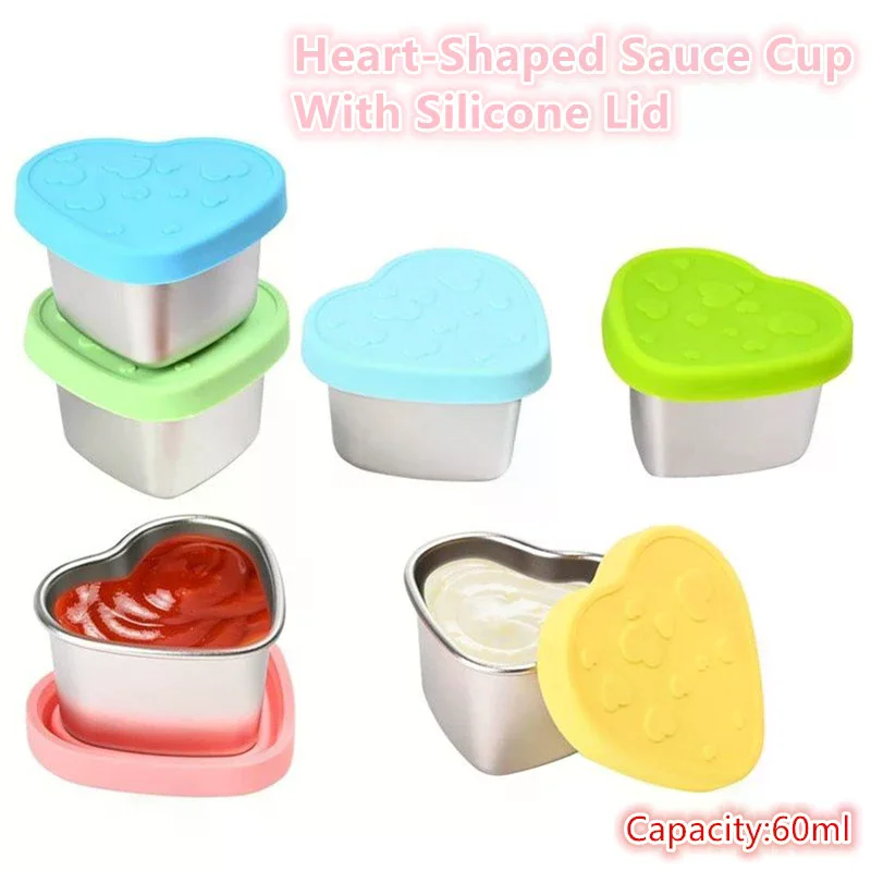 

304 Stainless Steel Sauce Seasoning Container 50/60ml Sauce Cup Silicone Cover Leak-proof Salad Dipping Dish Small Storage Box