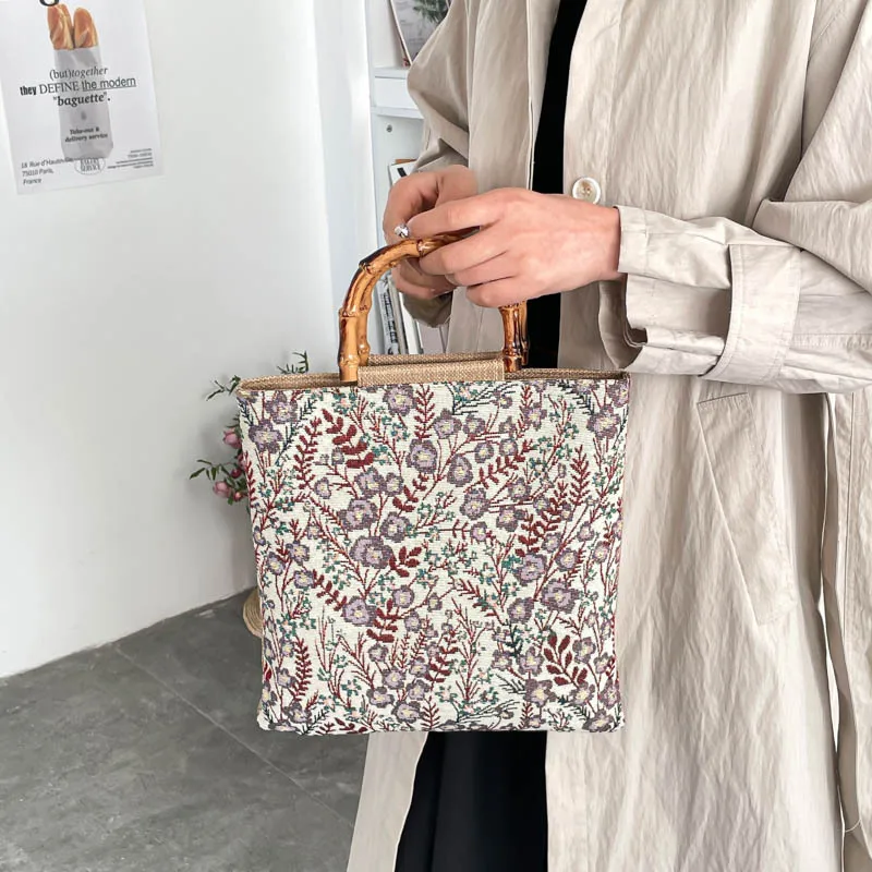 Vintage Floral Bamboo Handbag for Women Large Capacity Ladies Casual Tote Bag Lightweight Portable Female Travel Lunch Bag Bento
