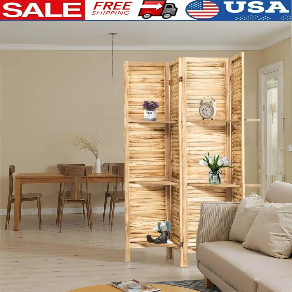 

4 Panel Freestanding Wood Room Divider with Shelves Indoor Partition Sturdy Durable Storage Solution Living Room Bedroom