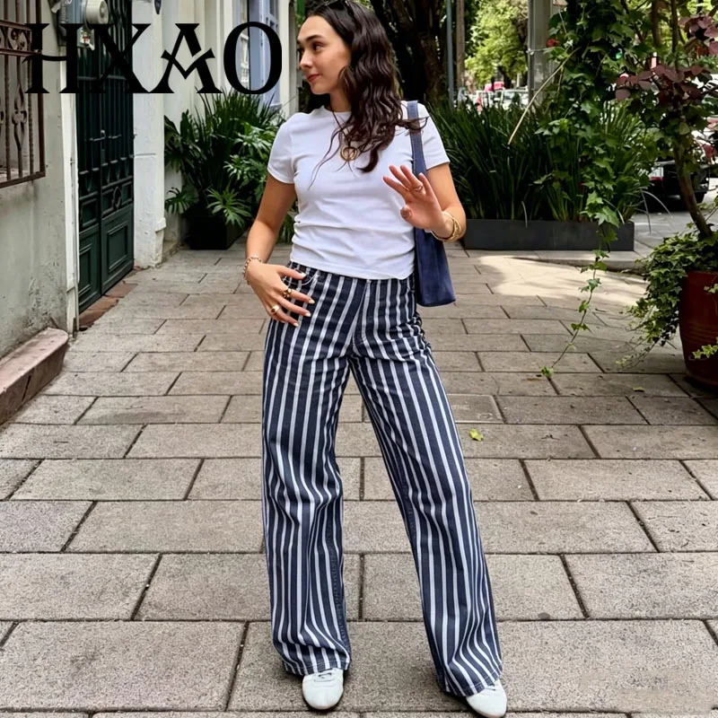 HXAO Striped Women's Jeans Baggy Wide Leg Jeans For Woman Blue White Zip Up Button Denim Pants Casual Streetwear Long Trousers