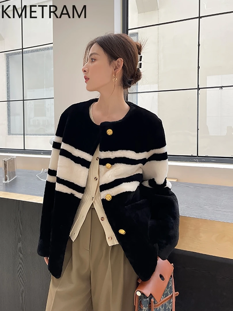 Naturalna wełna merino, skóra owcza, dwustronna kurtka futrzana damska, luksusowy czarno-biały płaszcz z prawdziwego futra, odzież zimowa 2025, fourrure