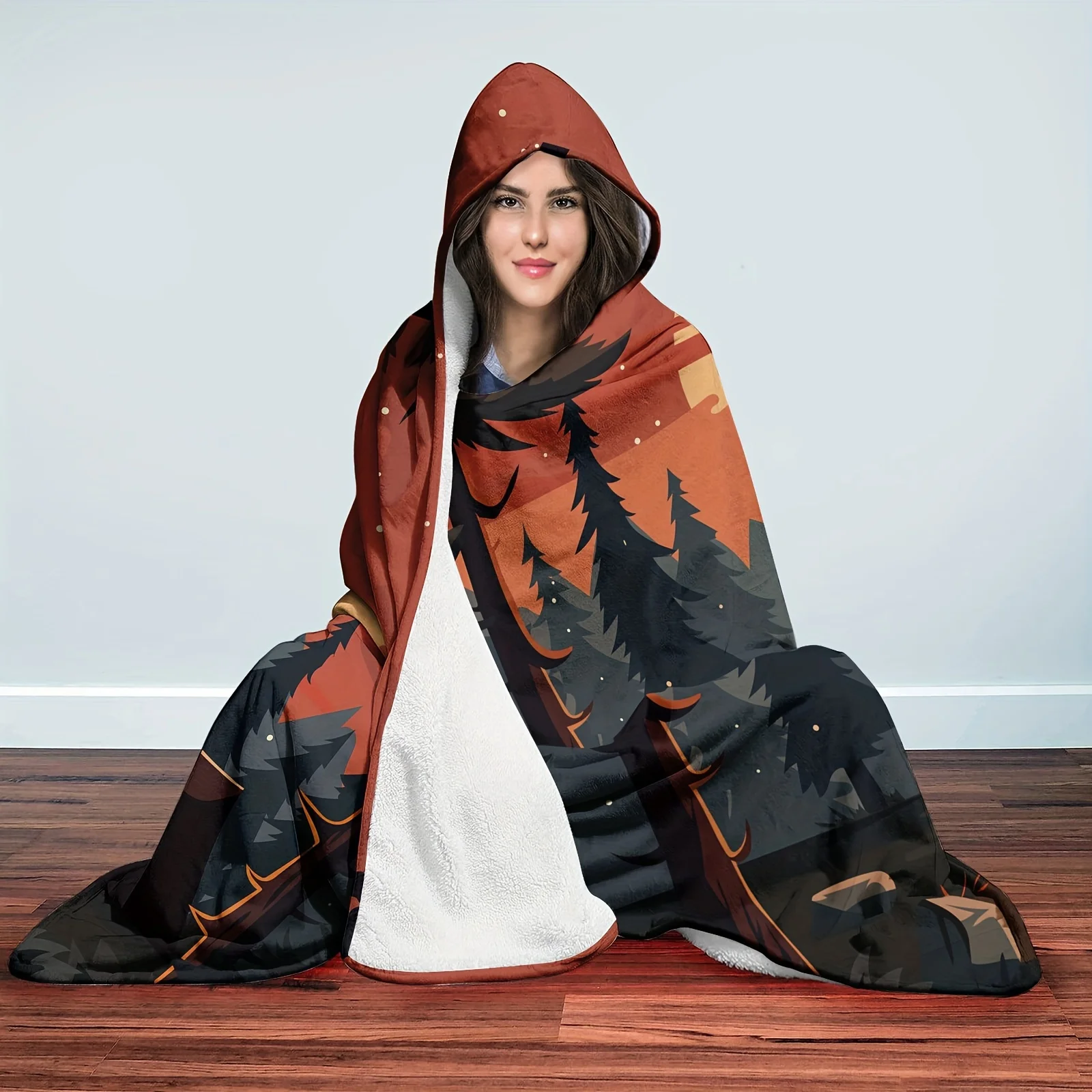 Contemporary Style Wearable Camping Pattern Hooded Blanket - Machine Washable Digital Print Flannel Throw Soft Warm