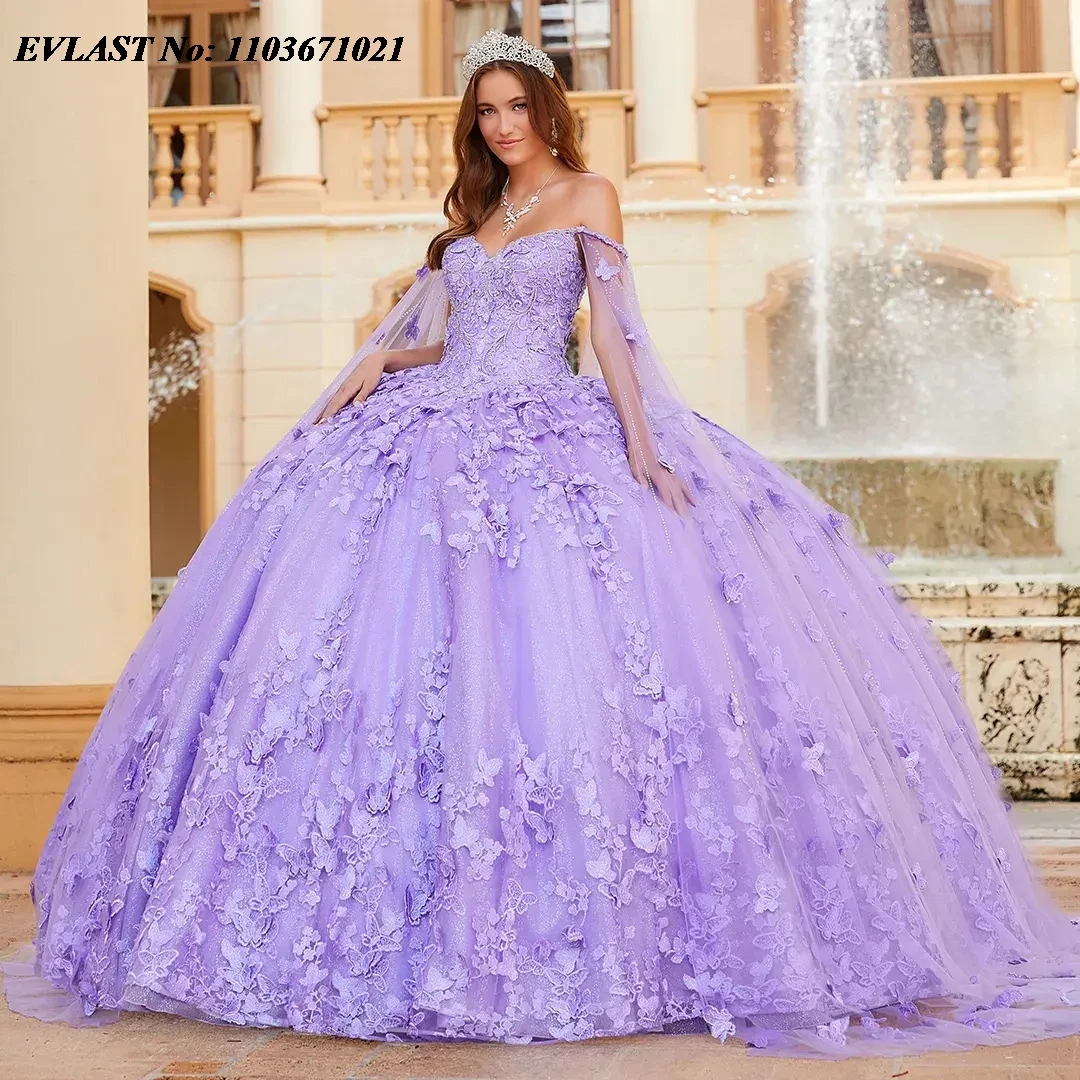 

EVLAST Mexican Lavender Quinceanera Dress Ball Gown Lace Appliques Crystal Beaded With Cape Corset Vestidos De XV Anos SQ293