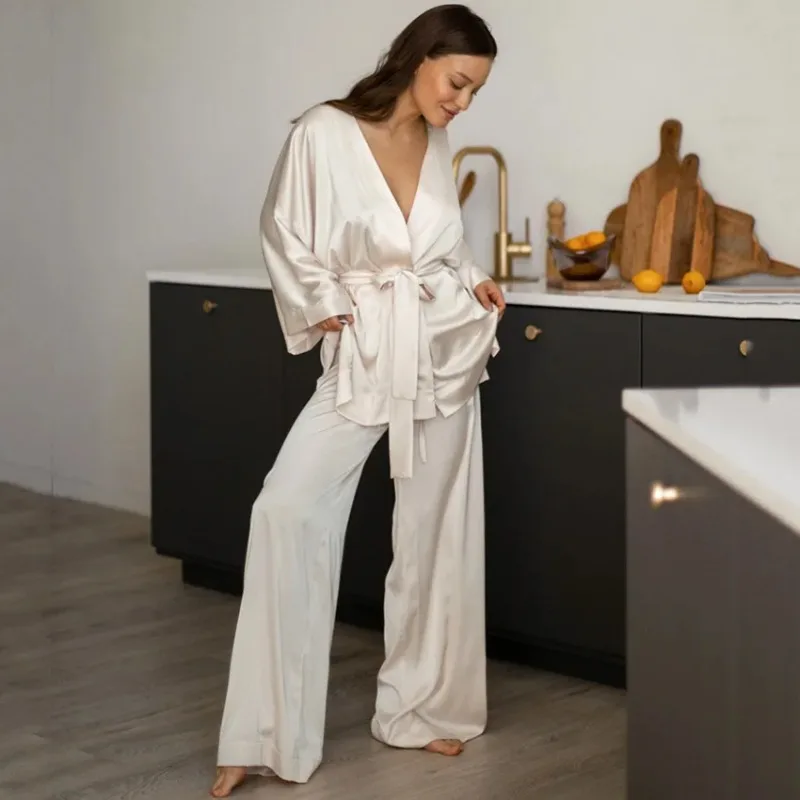 New Loose Women\'s Home Clothes 2 Piece Sets Long Sleeve Pajamas Sashes Casual Female Trouser Suits 2024 Spring Summer Sleepwear