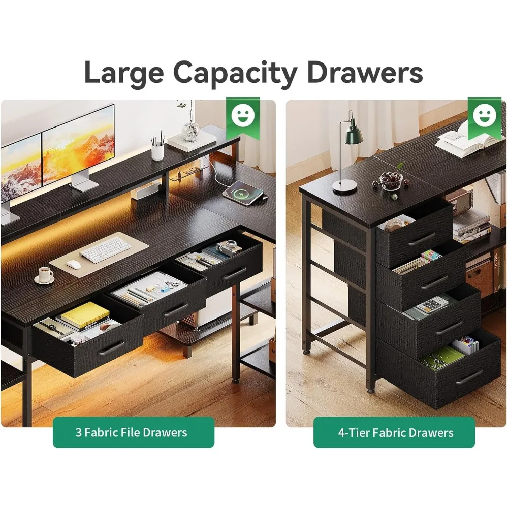 79" L Shaped Desk with 7 File Drawers, 2 Power Outlets & Monitor Shelf, Storage Shelves, LED Light, Black, Computer Desk