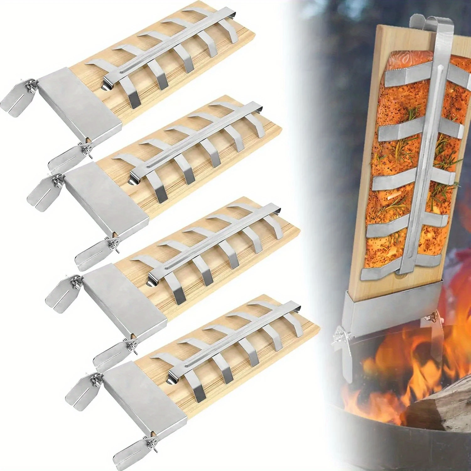 Stainless Steel Flame Salmon Board Holder 5 Levels Adjustable Cedar Wood Plank Fire Bowl Outdoor BBQ Grill Gadget Tool