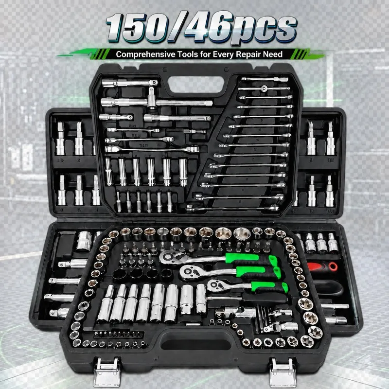 150/46Pcs Premium Heavy Duty CR-V Socket Wrench Ratchet Set, Multifunctional Auto Mechanical Repair Tool Kit with Storage Case