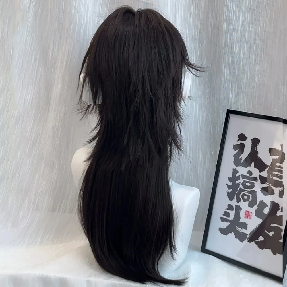 VICWIG Black Mullet Head Wigs with Bangs Long Synthetic Straight Men Women Anime Cosplay Hair Wig for Daily Party image 3
