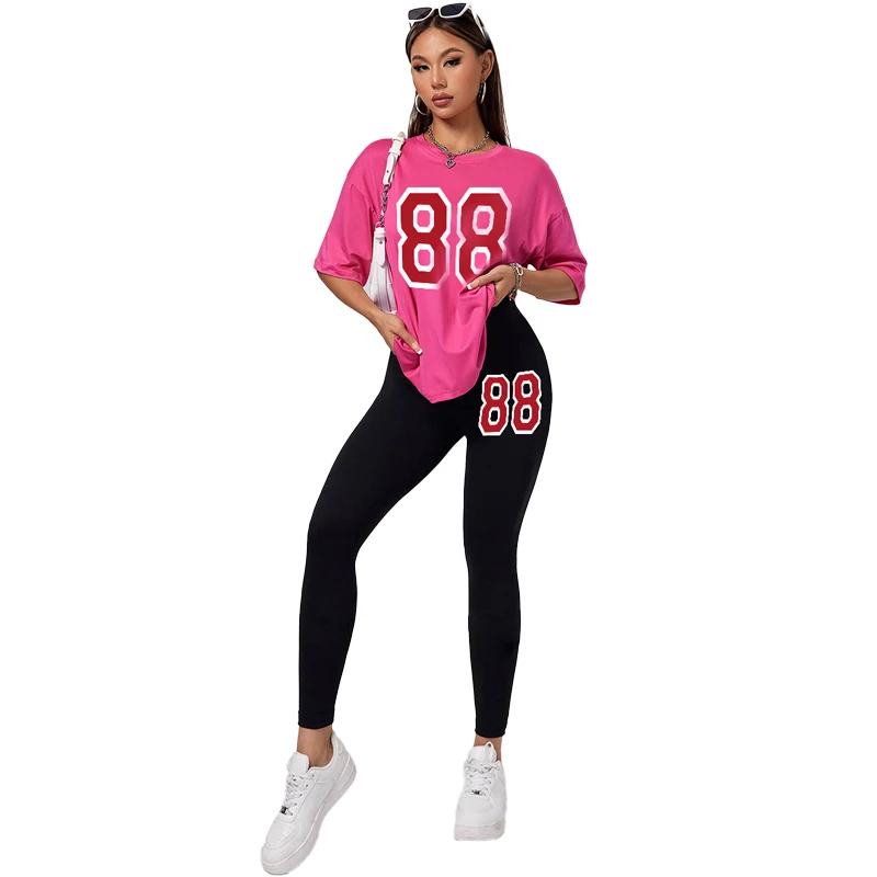 

Women's sports suit Summer new fashion street bombing style short-sleeved top and sports tight pants two-piece set for women