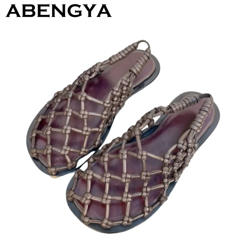 

2025 Summer Hollow Out Weave Flat Sandals Women Round Toe Real Leather Slip-On Lazy Mules Female Casual Beach Rome Sandals Mujer