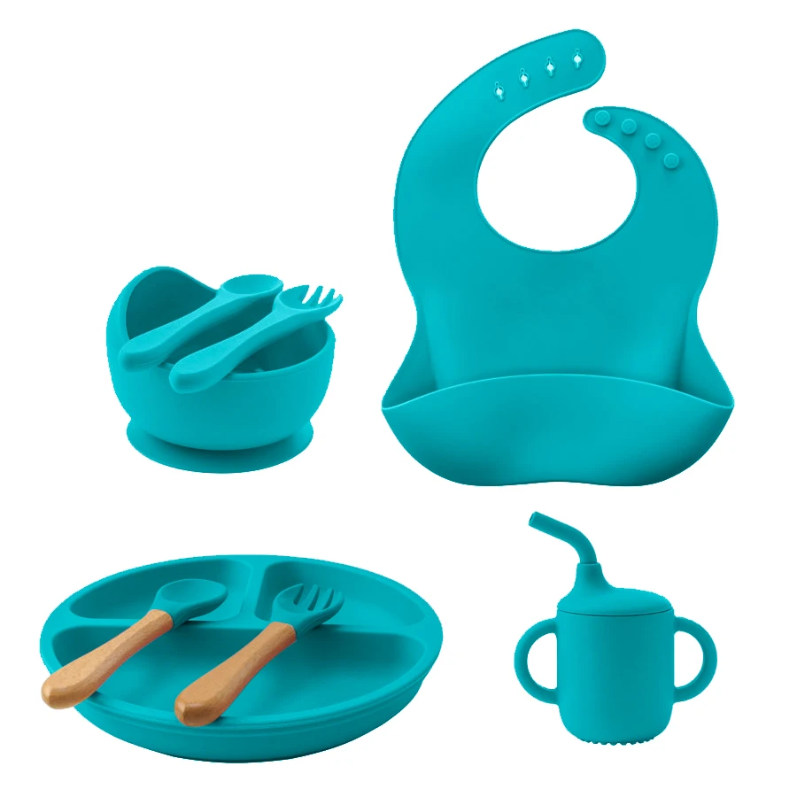 

8PCS/Set BPA Free Silicone Baby Feeding Set Sucker Bowl Dishes Plate Straw Cup Spoon Forks Baby Bib For Children's Tableware