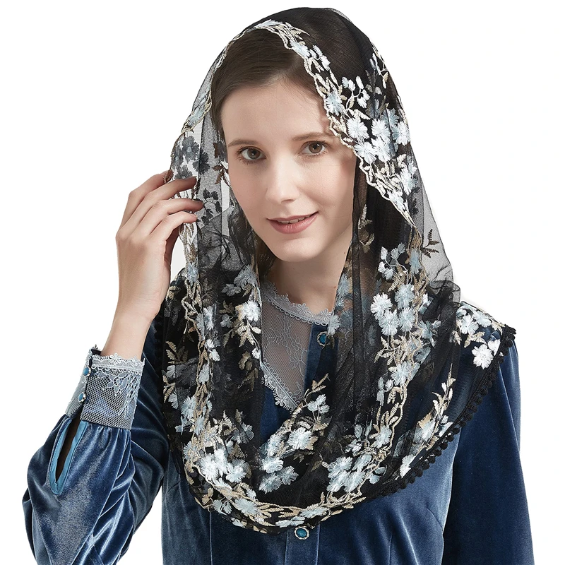 Infinity Mantilla Veils Catholic White Black Tulle For Mass Church Prayer Head Covering Vintage Chapel Blue Embroidered Flowers