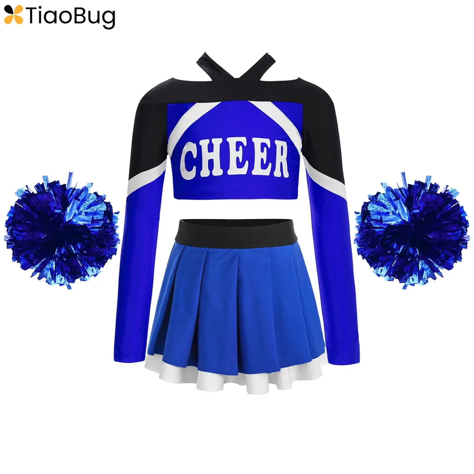 

Girls Cheerleading Dance Performance Outfit Long Sleeve Letter Print Color Block Crop Top+Pleated Skirt+2Pcs Flower Balls