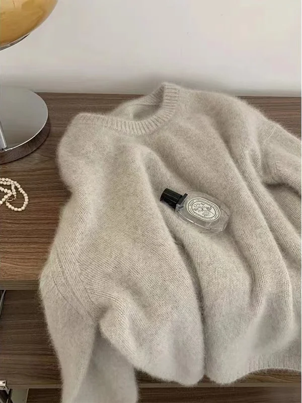 

Women's Oversized Bear Fur Knitwear Long Sve Crew Ne Sweater Warm Thiened Inner Wear Top Sweet Sle Loose Fit Knitted