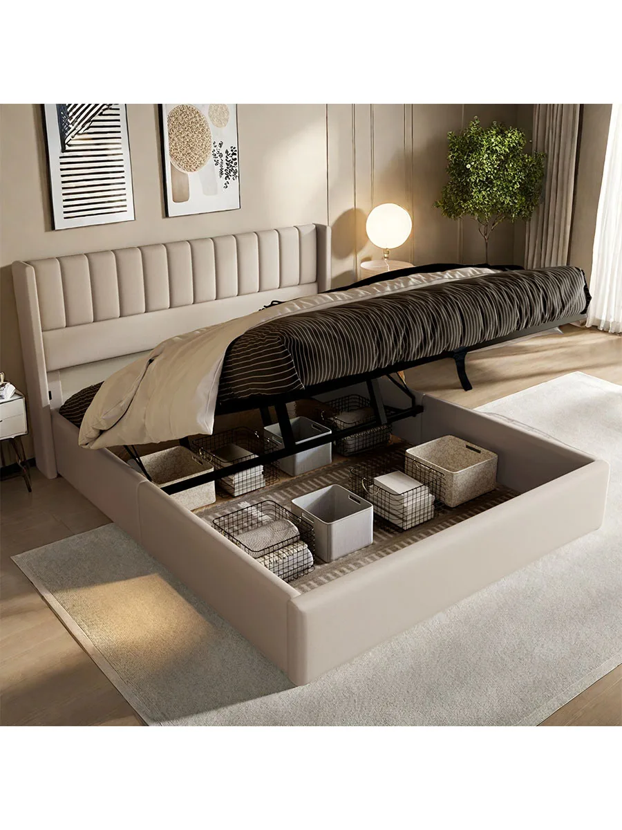 Superaly 160x200cm tweepersoonsbedframe, hydraulisch opklapbaar bed met opbergruimte onder het bed en lattenbodem, linnen, beige - afbeelding 2
