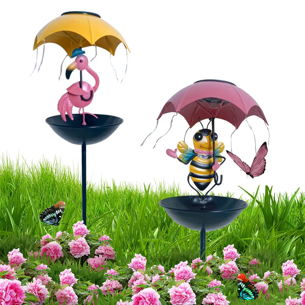 

LED Solar Outdoor Light with Bird Feeder Decorative Solar Powered Garden Light Animal Umbrella Stake Light for Garden Lawn Patio