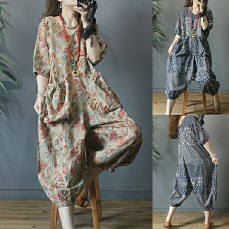 

Summer New Arrival Women's Loose Slimming V-ne Ice Cotton Linen Rer Pants Seven-eighths Lantern Sle One-piece Suit