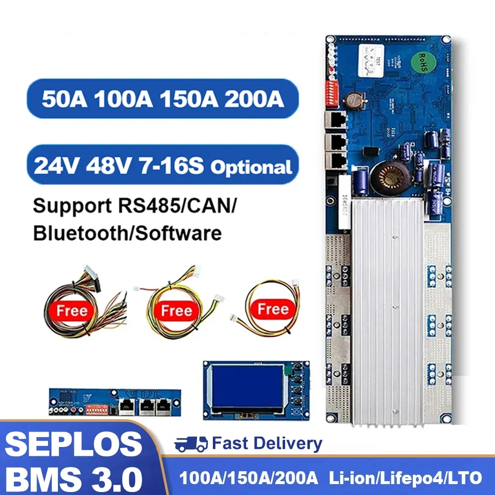 Seplos 3.0 Version Smart BMS 100A/150A/200A 24V/48V 13S 14S 8S 15S 16S LFP With Bluetooth LCD Screen BMS Li-Ion LiFePO4 Battery