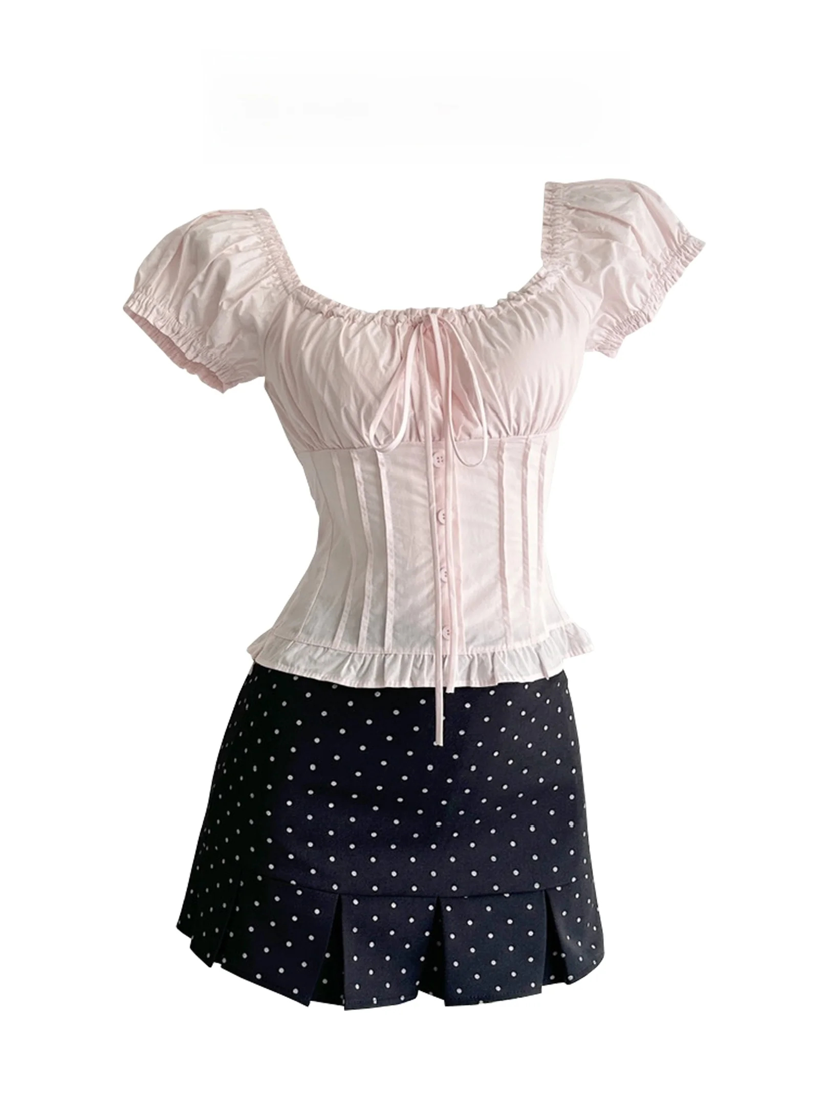 

Summer New Pure Desire Square Collar One Shoulder Short Sleeve Shirt Women High Waist Slimming Polka Dot A-Line Skirt Set