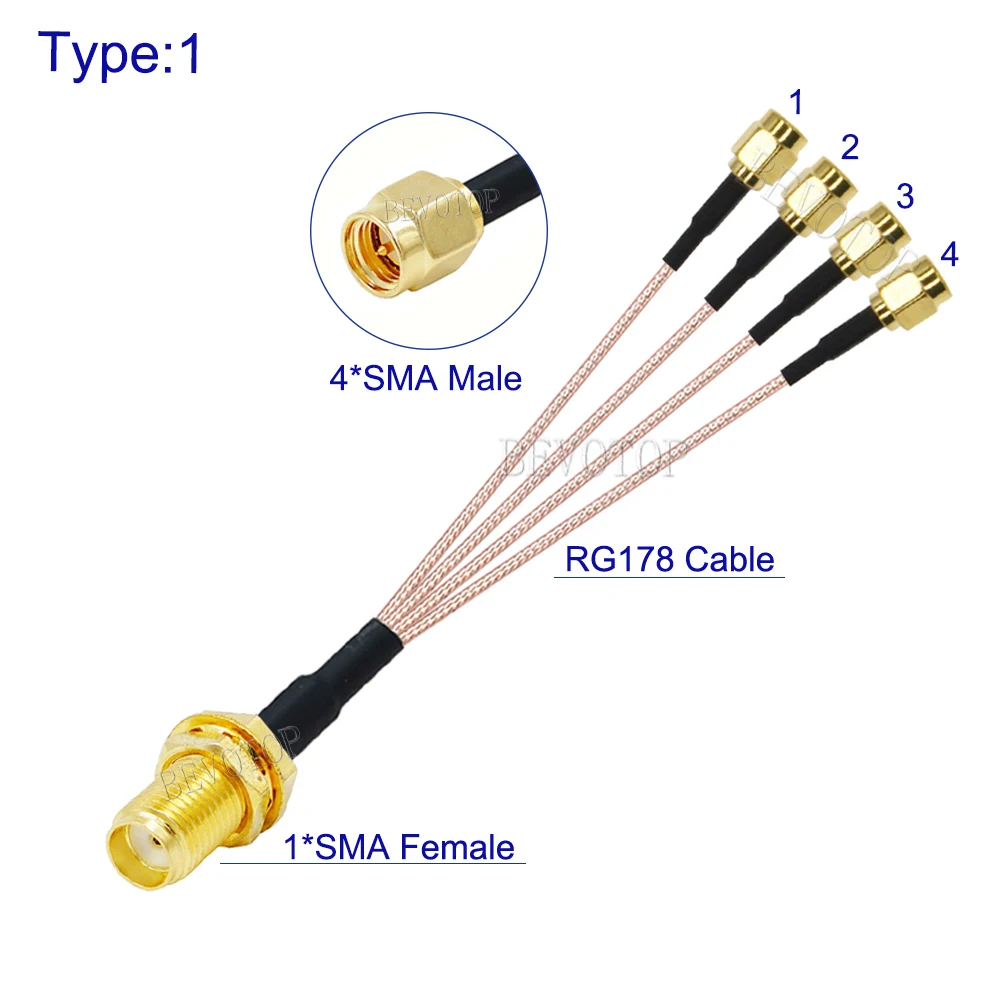 1PCS 1 x SMA/RP Female to 4x SMA Male Plug 1 to 4 SMA Splitter Cable RG178 Pigtail Jumper WIFI Antenna Extension Coaxial Cable