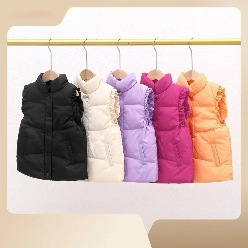 

2023 New Children Vest Autumn Winter Korean Style Cute Ruffle Girls Waistcoat Jacket