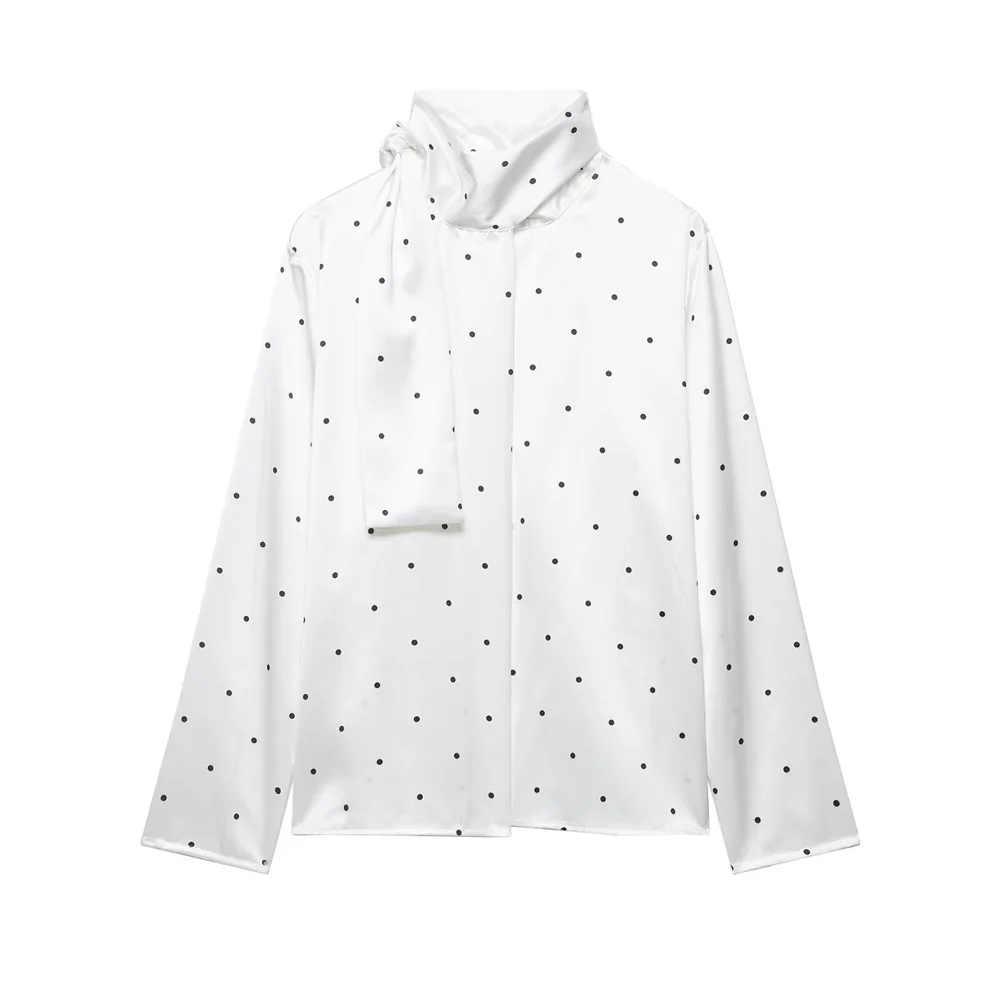 2026 new women's clothing European and American style fashionable simple and versatile polka dot scarf style long sleeved shirt
