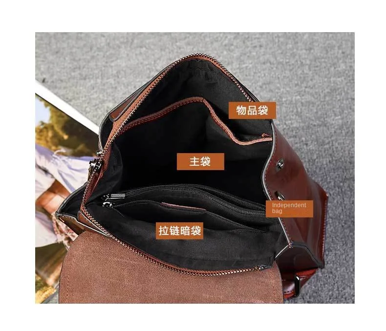 Imagem -05 - Oil Wax Skin Real Leather Womens Bolsa Lazer Outdoor Moda Retro Grande Capacidade Satchel Double Shoulder Mochila Portátil